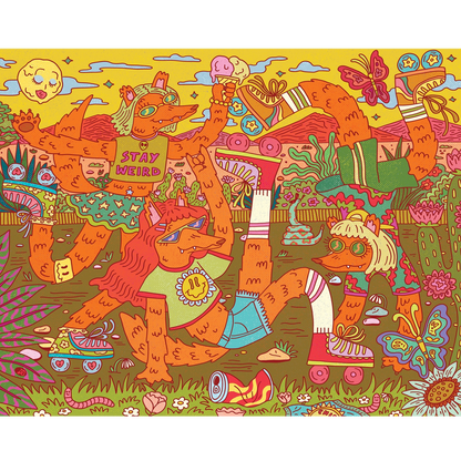 A square jigsaw puzzle featuring a colorful psychedelic illustration of cartoon fox characters in a grassy scene