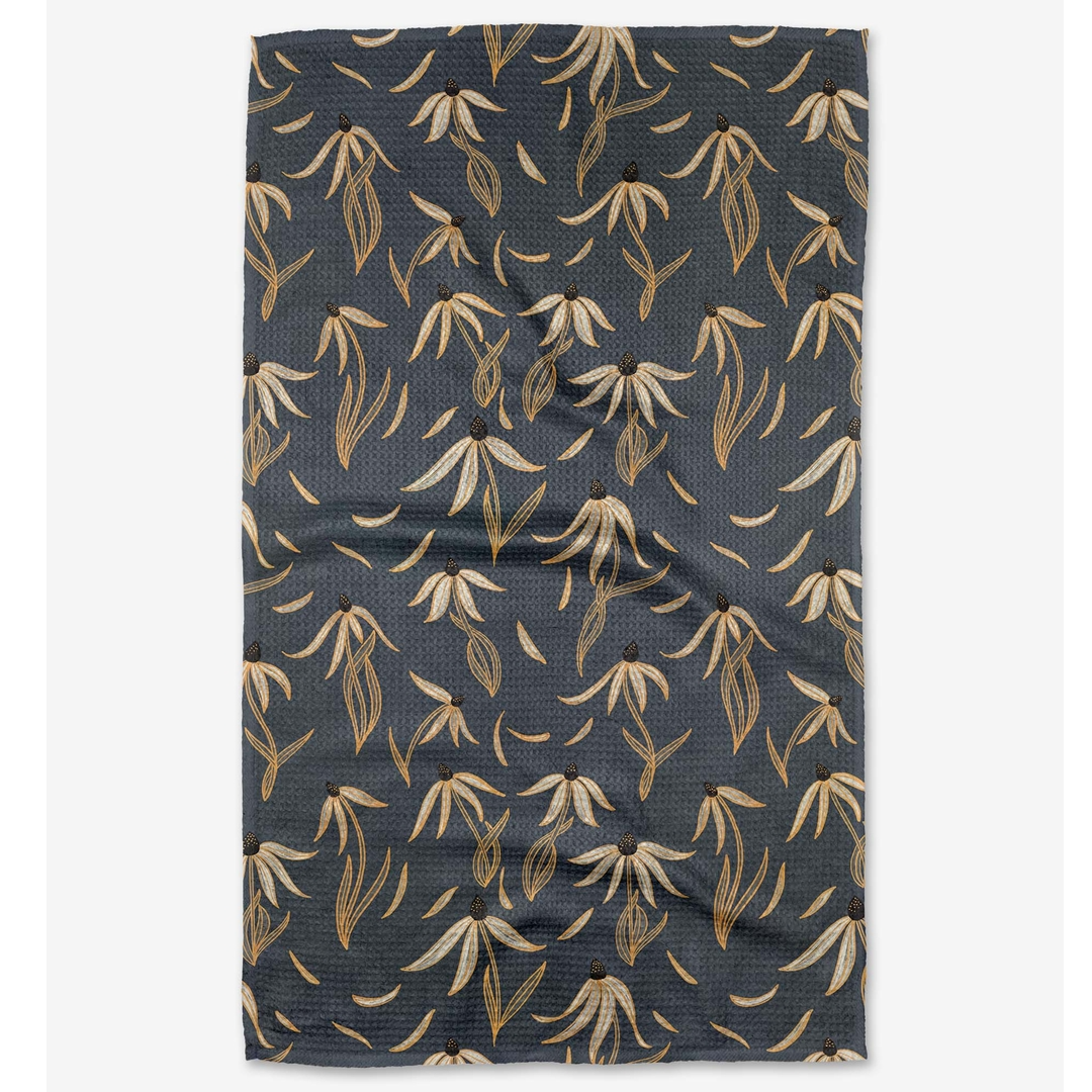 dark dish towel with an echinacea flower pattern 