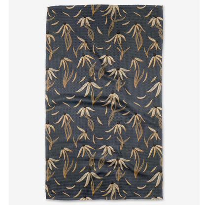 dark dish towel with an echinacea flower pattern 
