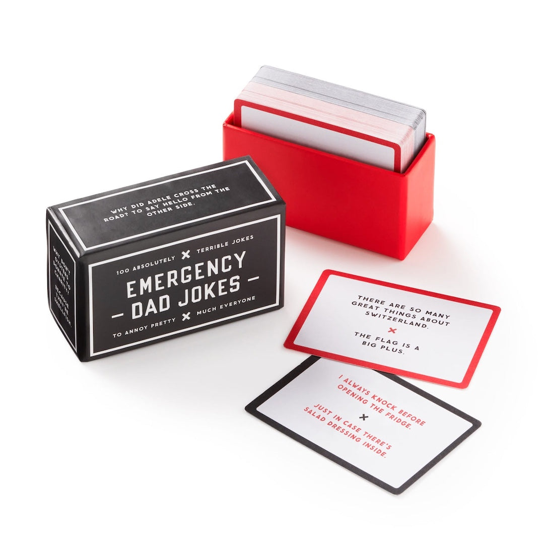 Card set with 'Emergency Dad Jokes' packaging on a white background