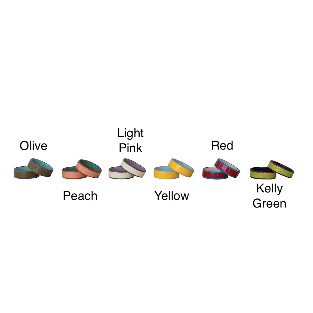 Six napkin rings in different colors are shown with their names printed below: Olive, Peach, Light Pink, Yellow, Red, and Kelly Green.