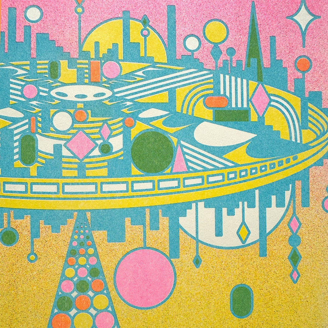 Colorful abstract cityscape with geometric shapes on a pink and yellow background