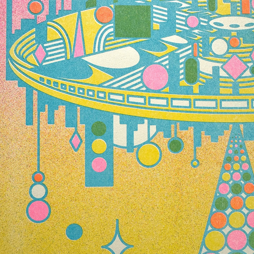 Colorful geometric pattern with circular shapes on a textured surface