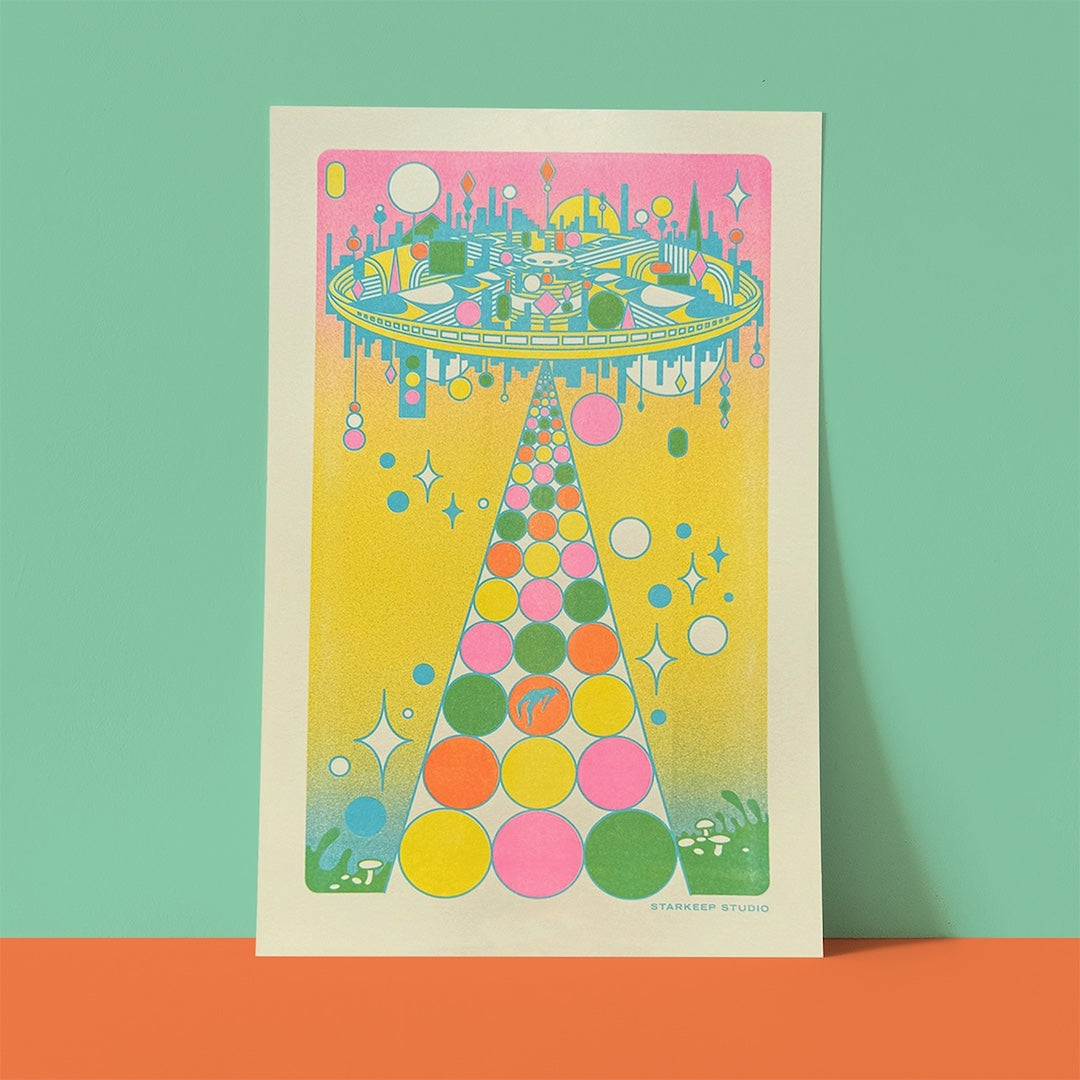 Bright abstract, Risograph print depicting an alien invasion