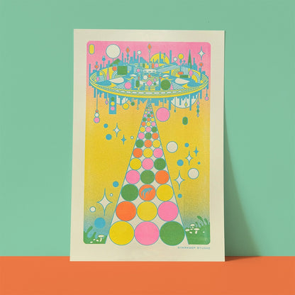 Bright abstract, Risograph print depicting an alien invasion