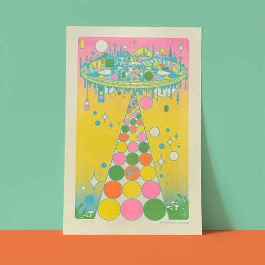 Bright abstract, Risograph print depicting an alien invasion