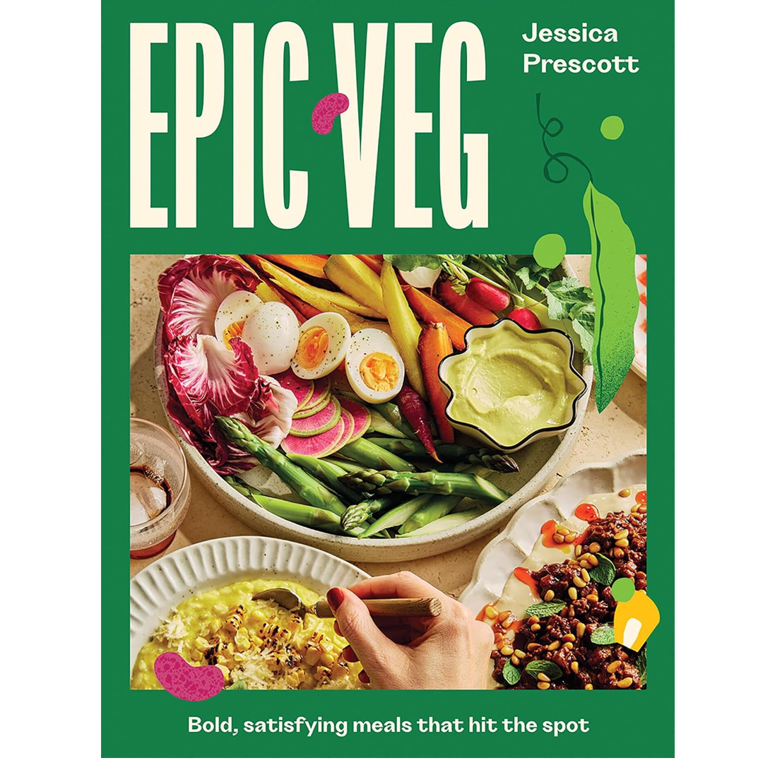 Front cover of the book 'Epic Veg' by Jessica Prescott, featuring a green background with large white title text and a central food photograph showing vegetables, eggs, dip, and a hand holding a utensil.
