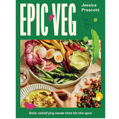 Front cover of the book 'Epic Veg' by Jessica Prescott, featuring a green background with large white title text and a central food photograph showing vegetables, eggs, dip, and a hand holding a utensil.