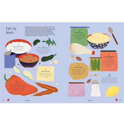 An open book spread showing illustrated recipe pages for veggie bowls, with step-by-step instructions, ingredient callouts, and colorful food illustrations on a pale blue background.
