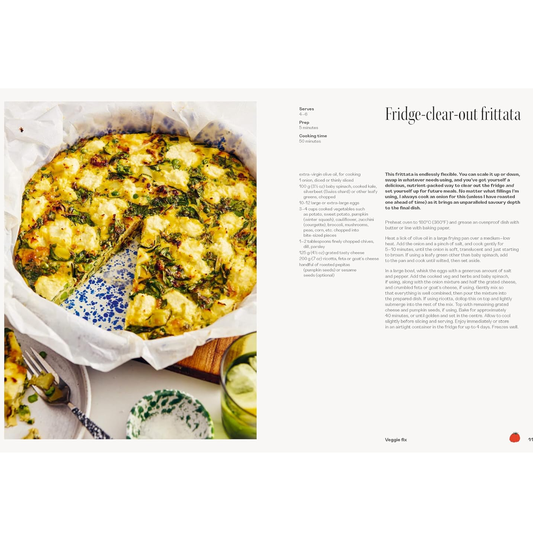 A printed recipe spread from a cookbook showing a photo of baked frittata on the left and recipe text titled 'Fridge-clear-out frittata' on the right.