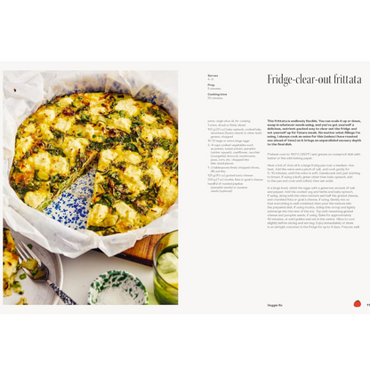 A printed recipe spread from a cookbook showing a photo of baked frittata on the left and recipe text titled 'Fridge-clear-out frittata' on the right.