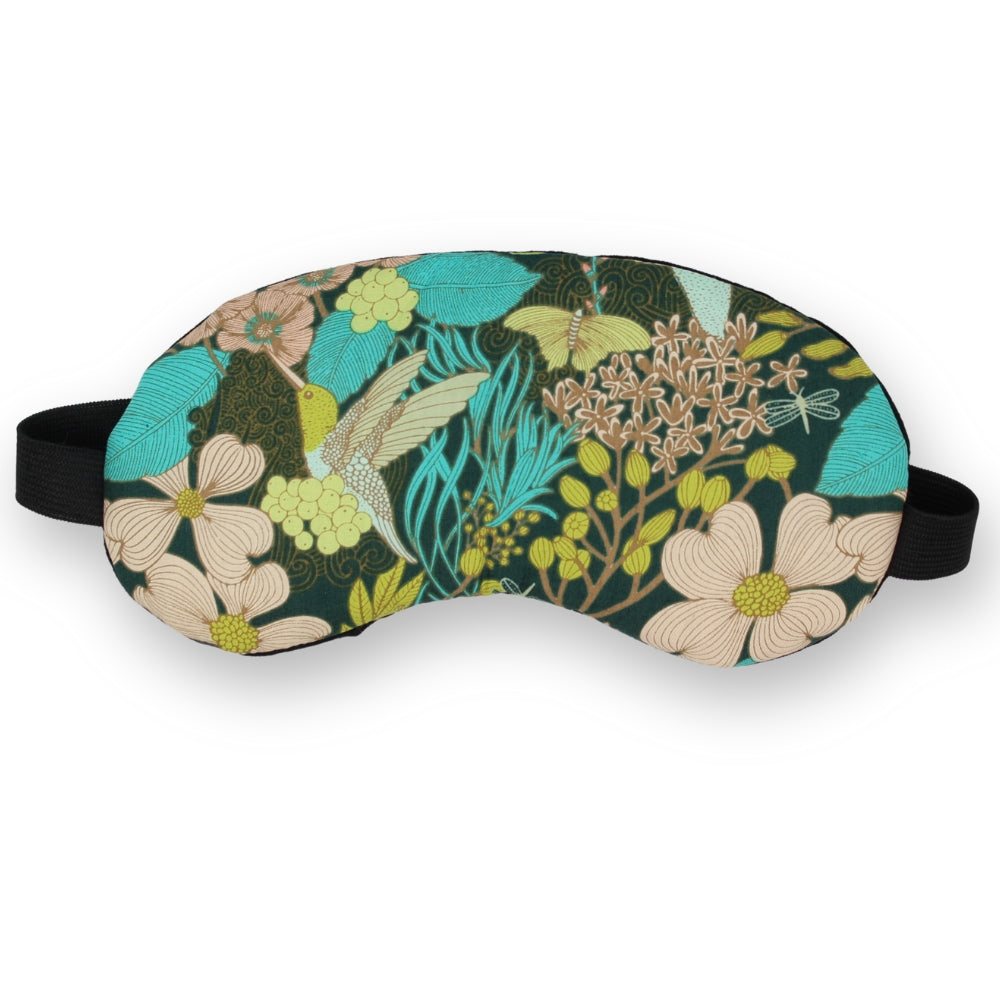 Floral and bird patterned eye mask on a white background