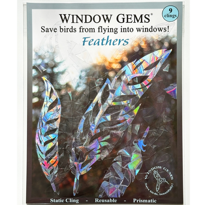 Window Gems 'Feathers' static cling set, featuring three iridescent prismatic feather designs on a dark, blurred background. The packaging includes a blue circular badge indicating '9 clings' and a white border framing the product presentation.