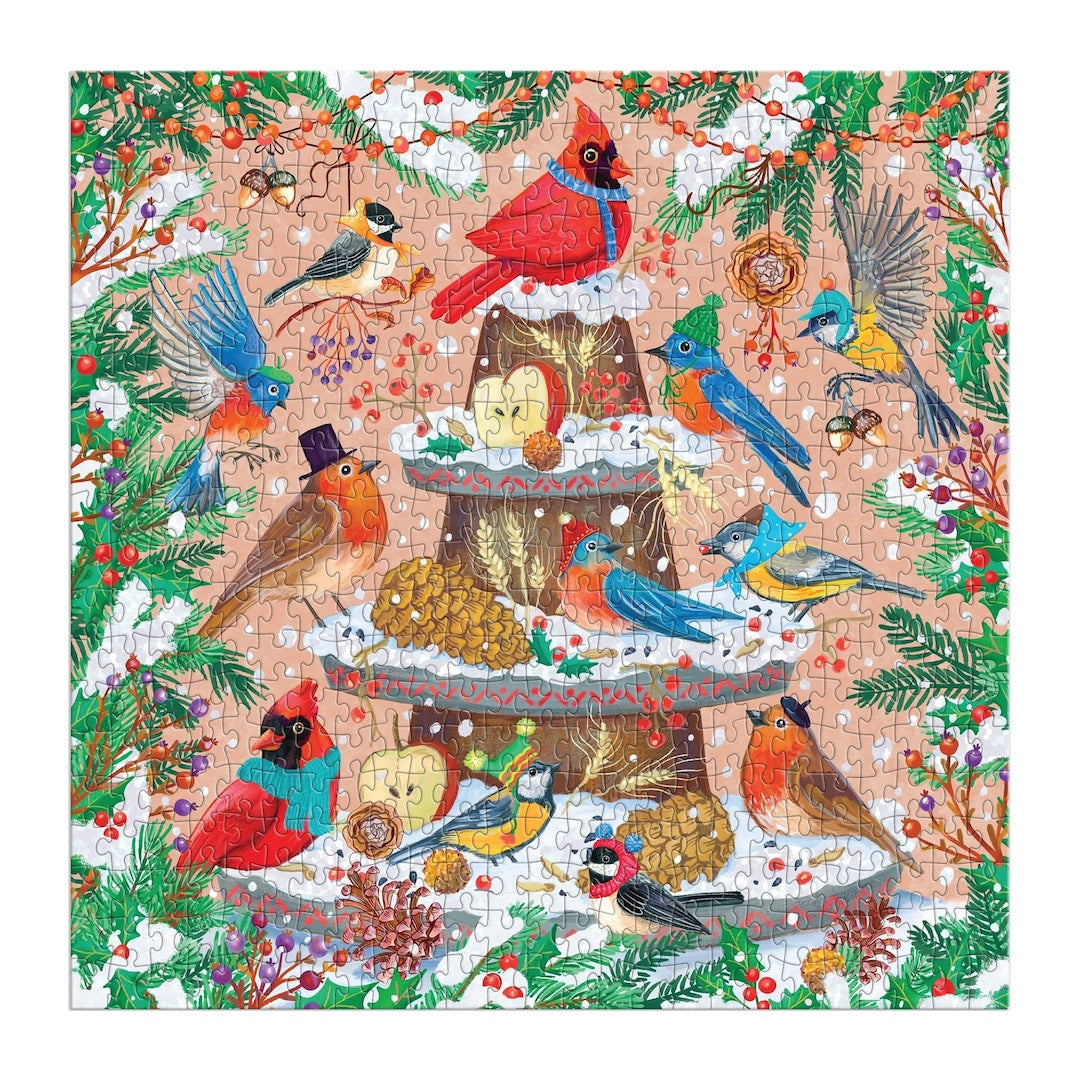 Holiday themed jigsaw puzzle with colorful birds