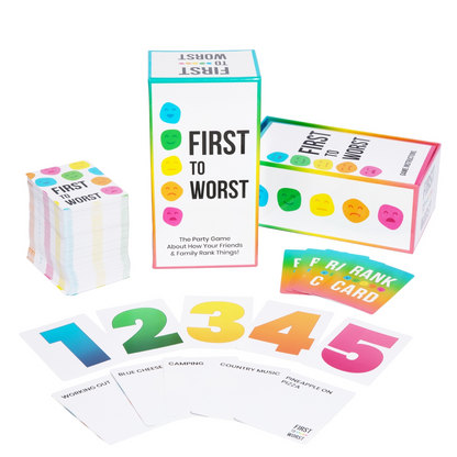 Card game packaging and cards titled 'First to Worst' on a white background