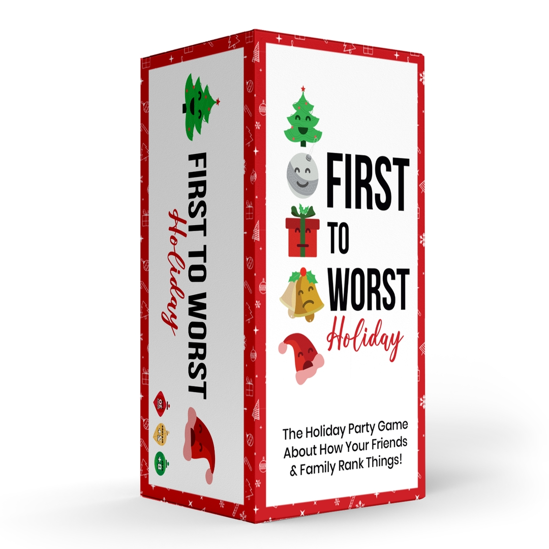 A boxed party game titled "First to Worst Holiday" shown on a clean white background. The box is white with red borders and festive illustrations including a Christmas tree, moon, gift, bells, and Santa hat.