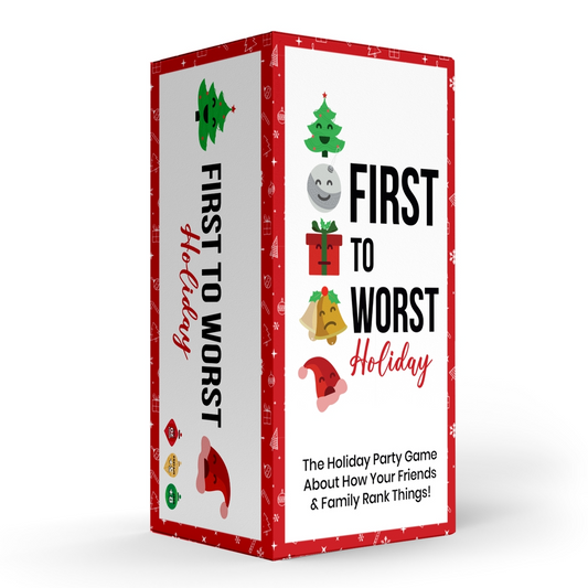 A boxed party game titled "First to Worst Holiday" shown on a clean white background. The box is white with red borders and festive illustrations including a Christmas tree, moon, gift, bells, and Santa hat.