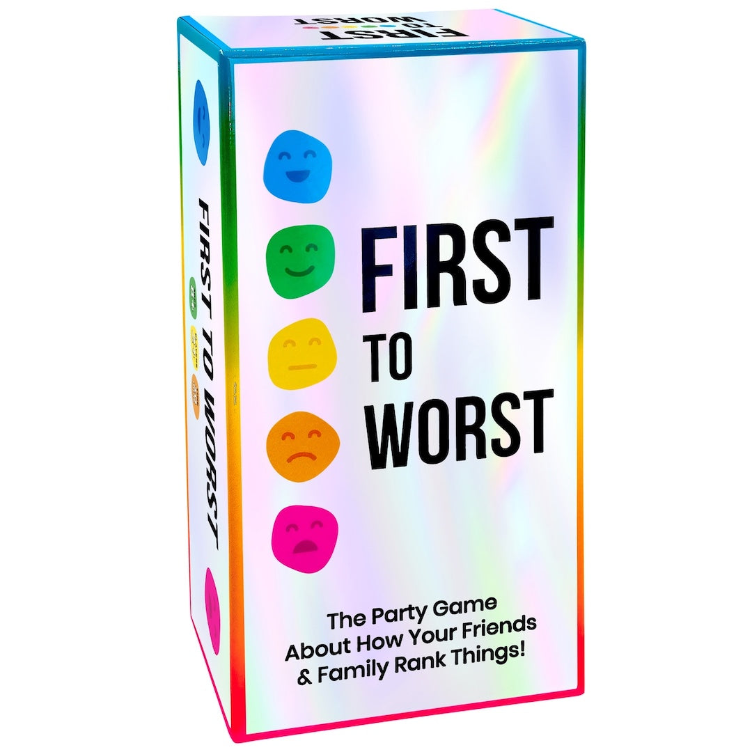 Card game box titled 'First to Worst' with colorful emoji faces on a white background