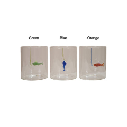 Three clear cylindrical glasses labeled Green, Blue, and Orange, each containing a small hanging fish in a different color, shown on a white background.