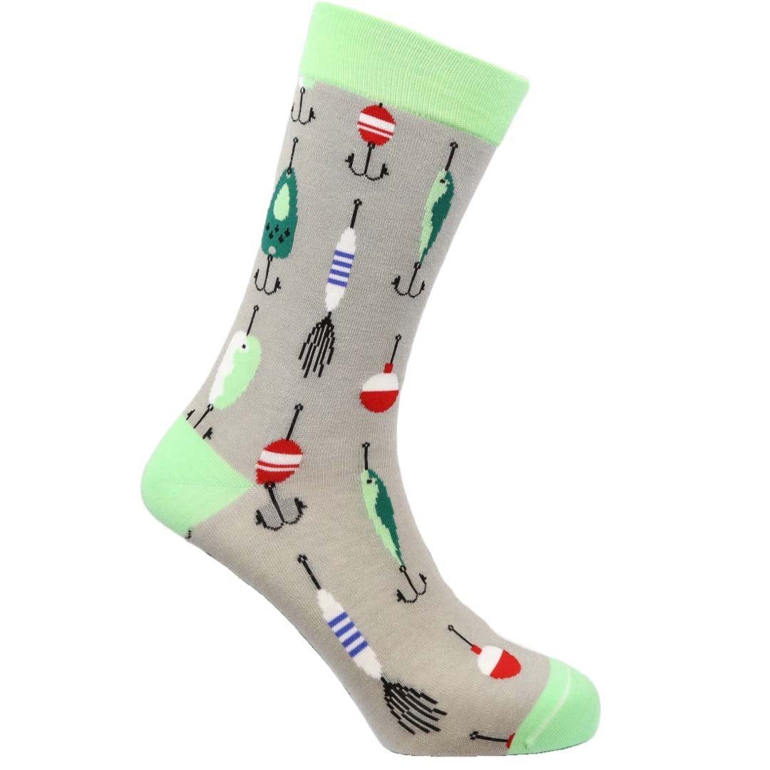 Sock with fishing-themed design on a white background