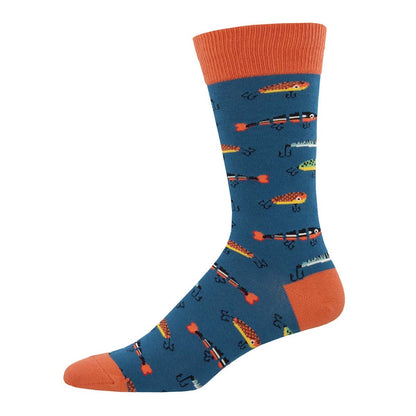 Blue sock with fishing bait pattern and orange accents on a white background
