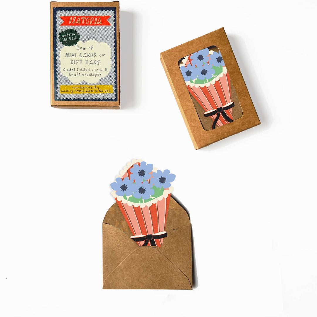 Flower bouquet shaped card with a brown envelope and packaging box on a white background