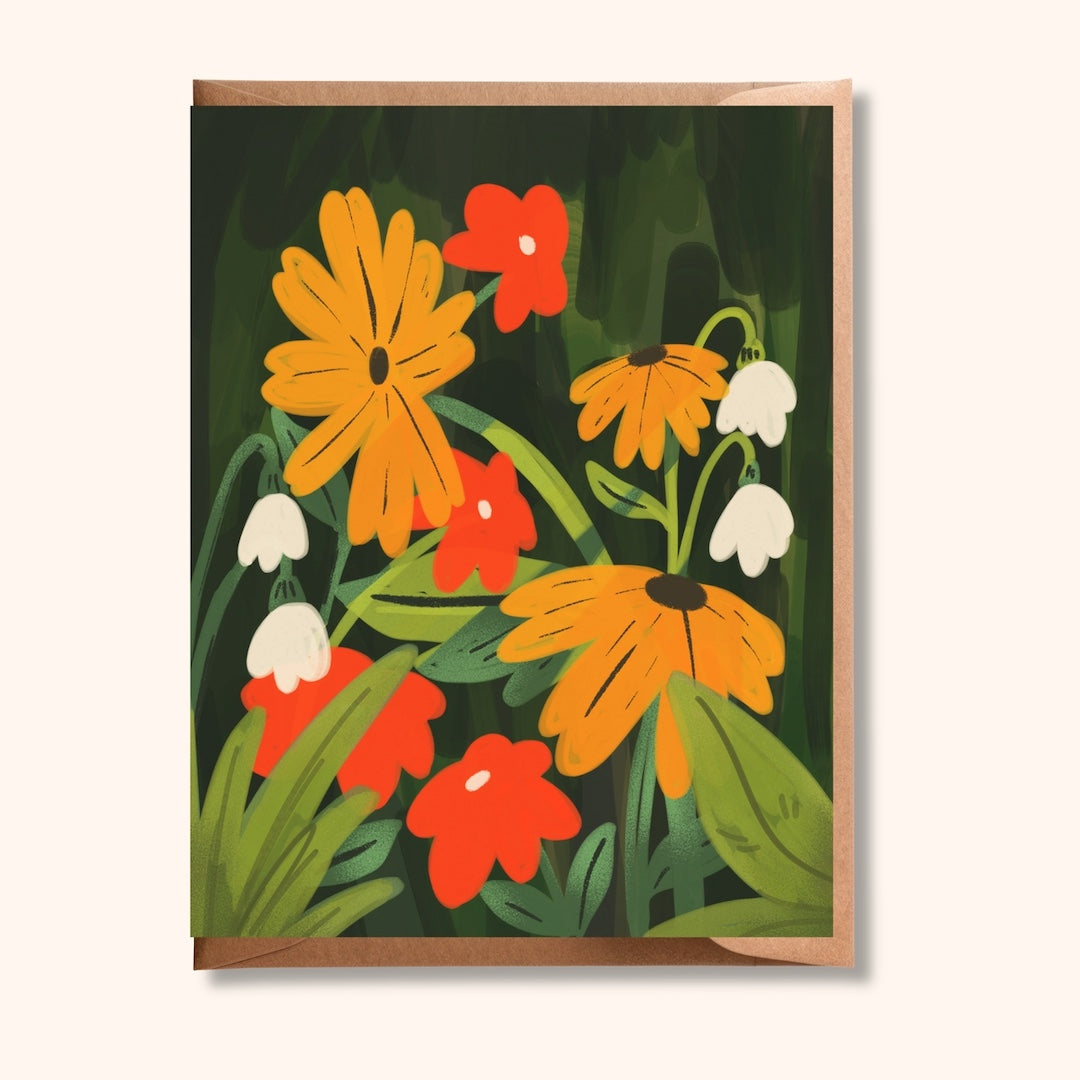 Greeting card with floral design with orange, red, and white flowers on a dark green background