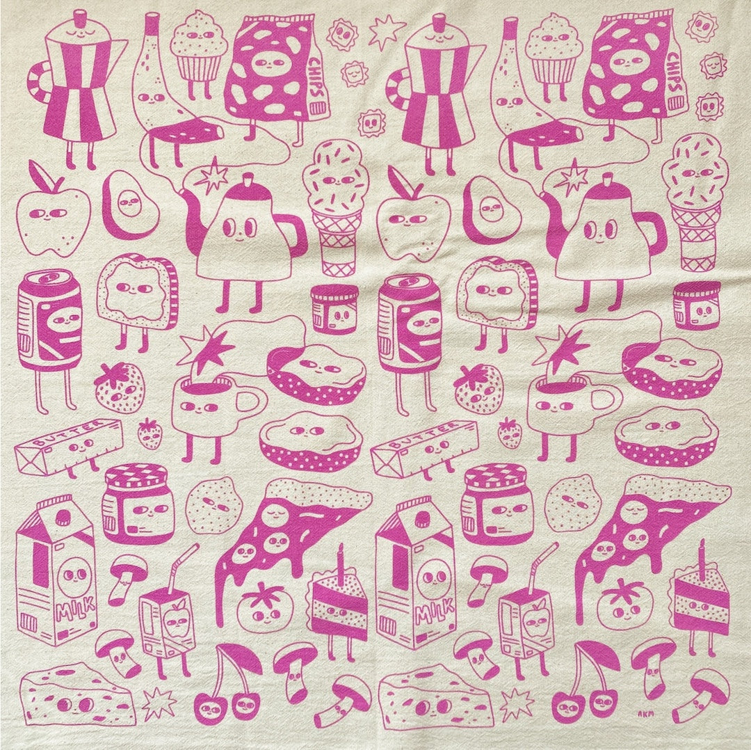 beige dish towel with a pattern of pink food and drink icons 