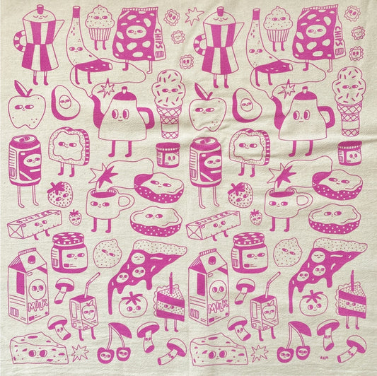 beige dish towel with a pattern of pink food and drink icons 