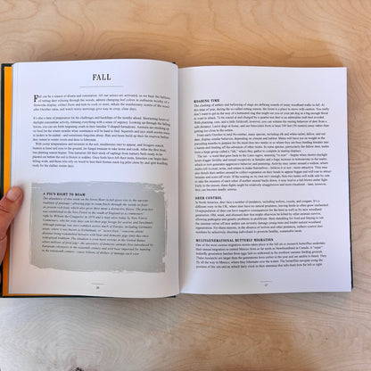 An open book showing a page from a book with 'Fall' at the top of a page. 