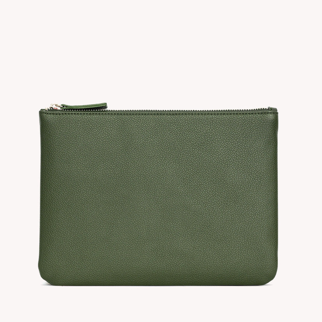 forest green Vegan Leather Zip Pouch on a white background