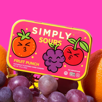 Pink 'Simply Sours' fruit punch candy tin with cartoon fruits on a pink background