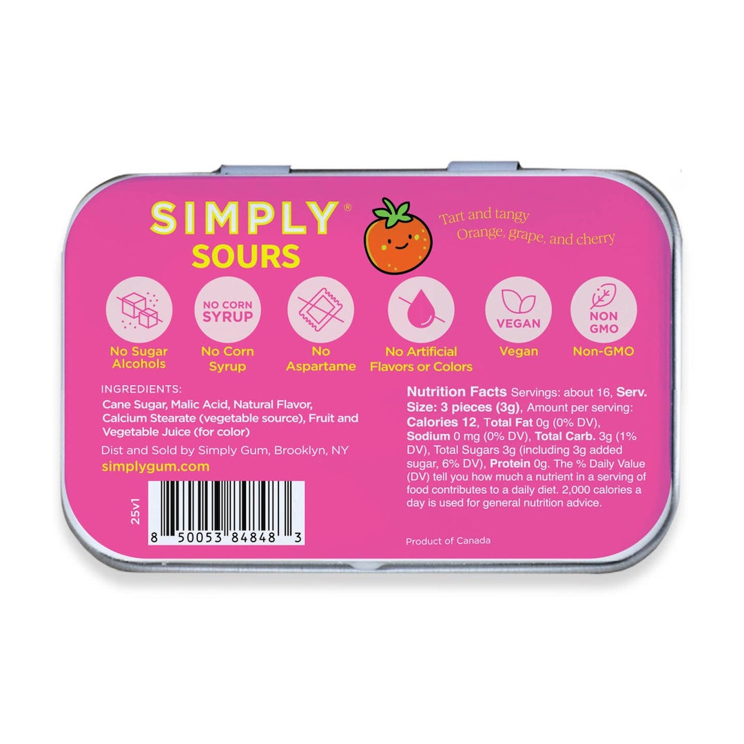 Pink tin of Simply Sours gummy candy with nutritional information on a white background
