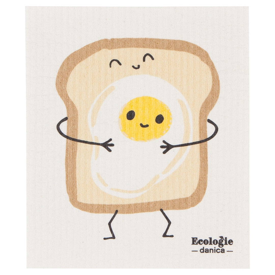 swedish dishcloth with a design of a smiling egg in toast