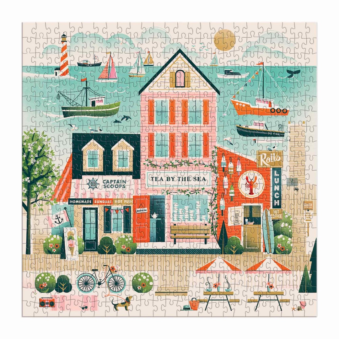 Jigsaw puzzle with a coastal scene featuring buildings and boats