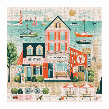 Jigsaw puzzle with a coastal scene featuring buildings and boats