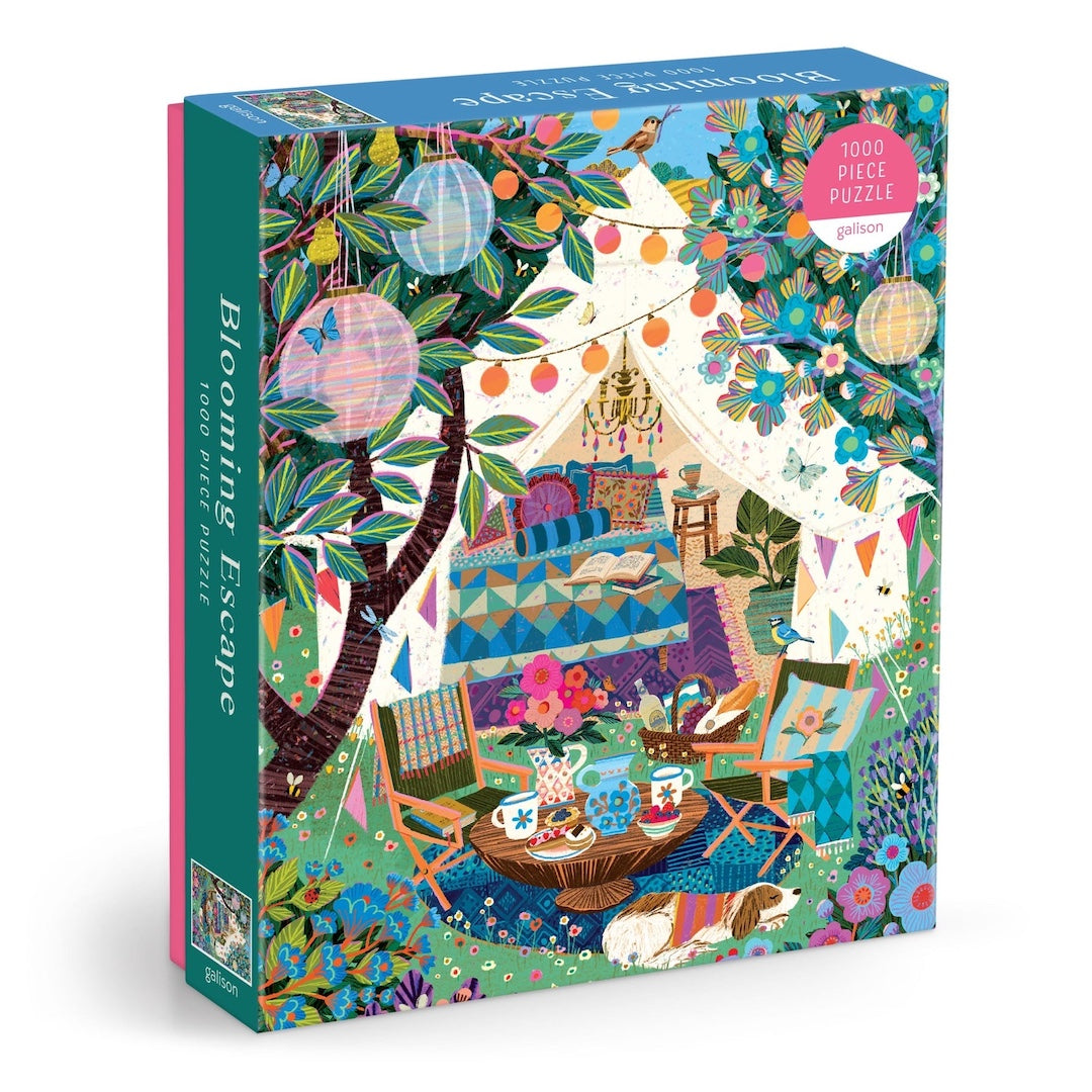 Colorful puzzle box with a garden scene design on a white background