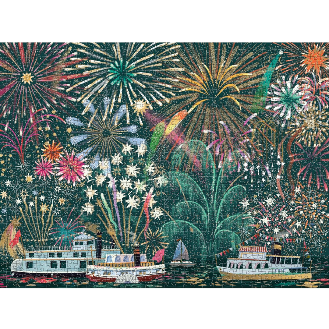 Puzzle depicting colorful fireworks display over a river with boats
