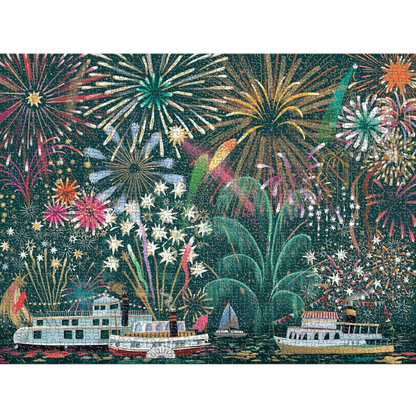 Puzzle depicting colorful fireworks display over a river with boats