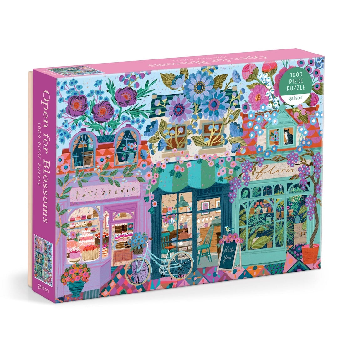 Colorful puzzle box with a floral and store design on a white background