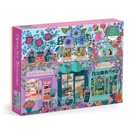 Colorful puzzle box with a floral and store design on a white background