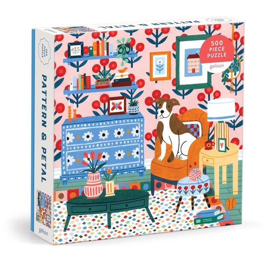 puzzle box with a colorful design of a dog on an armchair, shelves, and flowers.
