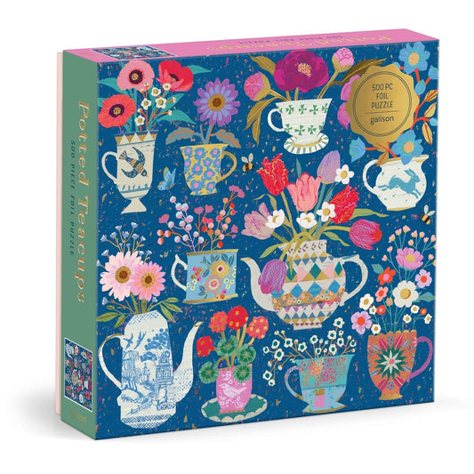 Gallison puzzle box with floral and teacup design on a blue background