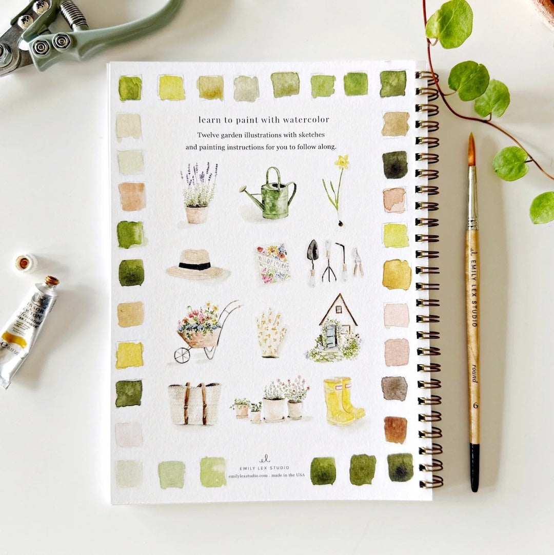 back of watercolor workbook with garden-themed watercolor illustrations