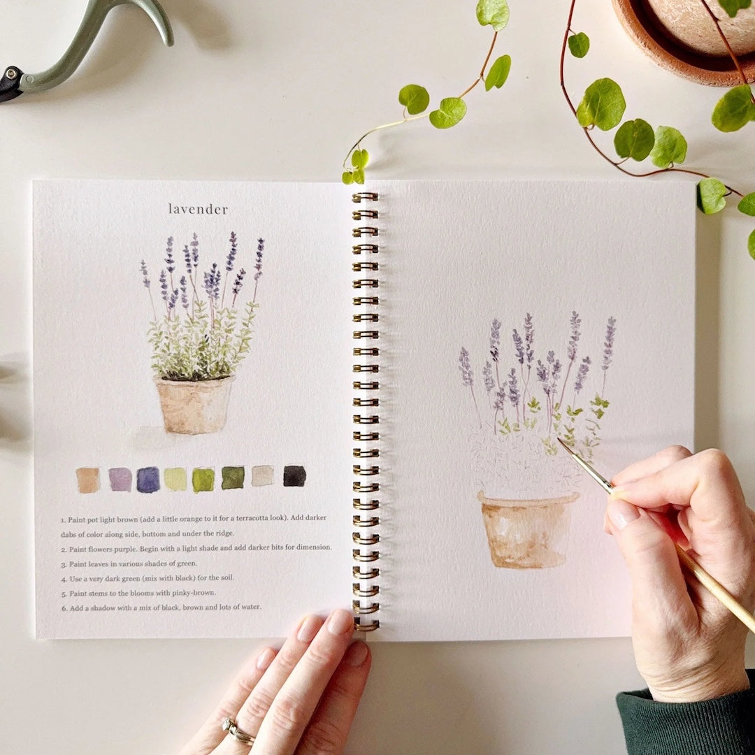 page from watercolor workbook that shows an example of a watercolor illustration of lavender on one page and the other page shows someone painting a lavender plant