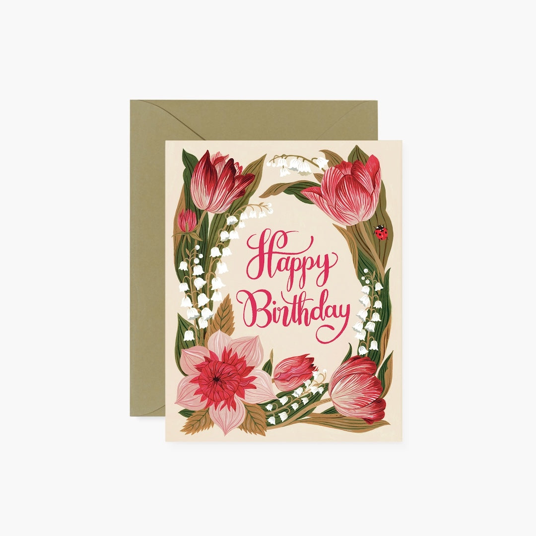 Birthday card with floral design and 'Happy Birthday' text on a white background