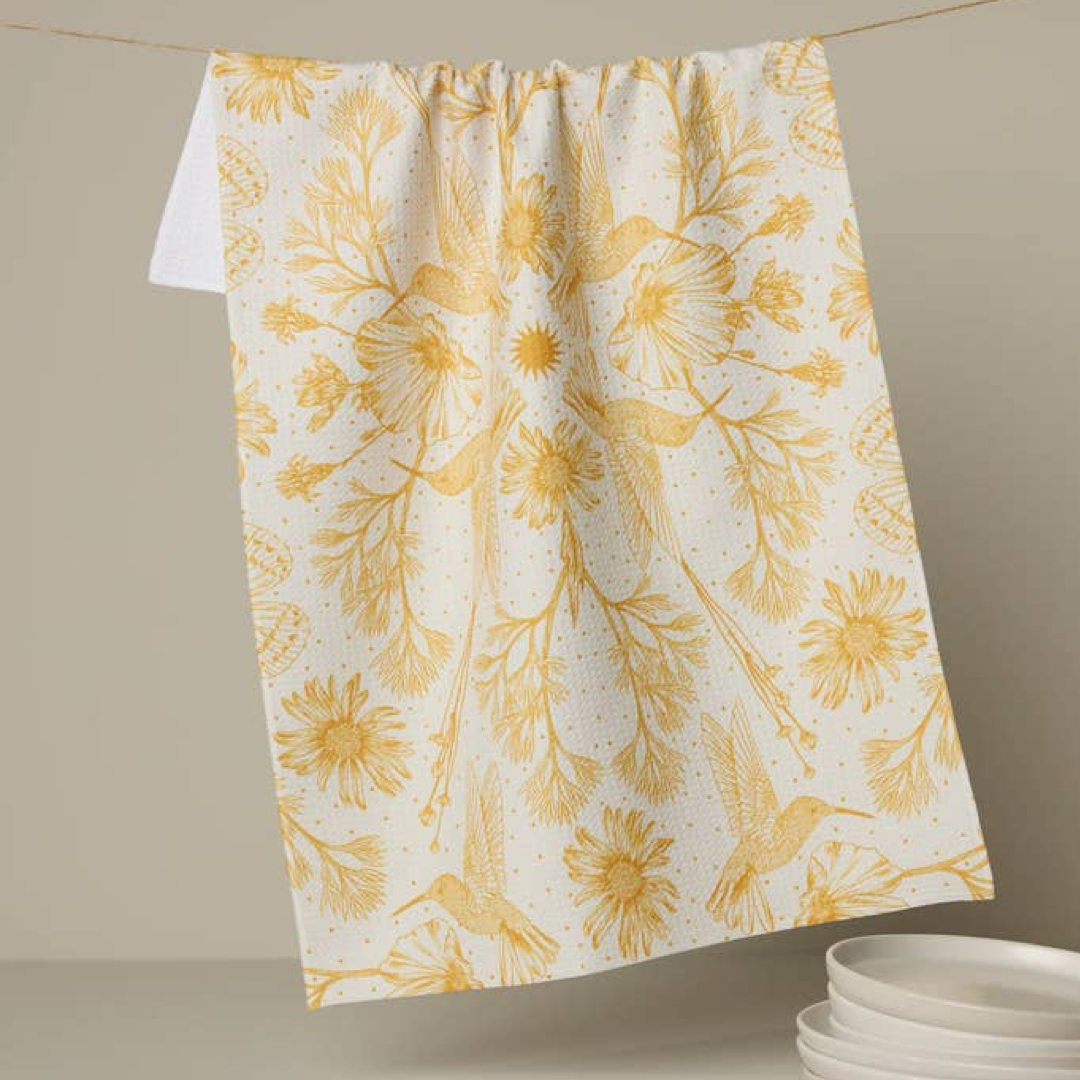 white dishtowel with hummingbirds and flowers 