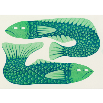 A stylized art print featuring two green fish with detailed scale patterns on a cream-colored background.