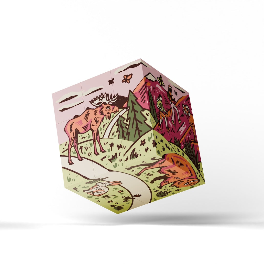 A floating cube-shaped box or block with a colorful illustrated landscape design, shown on a clean white background with a soft shadow underneath.