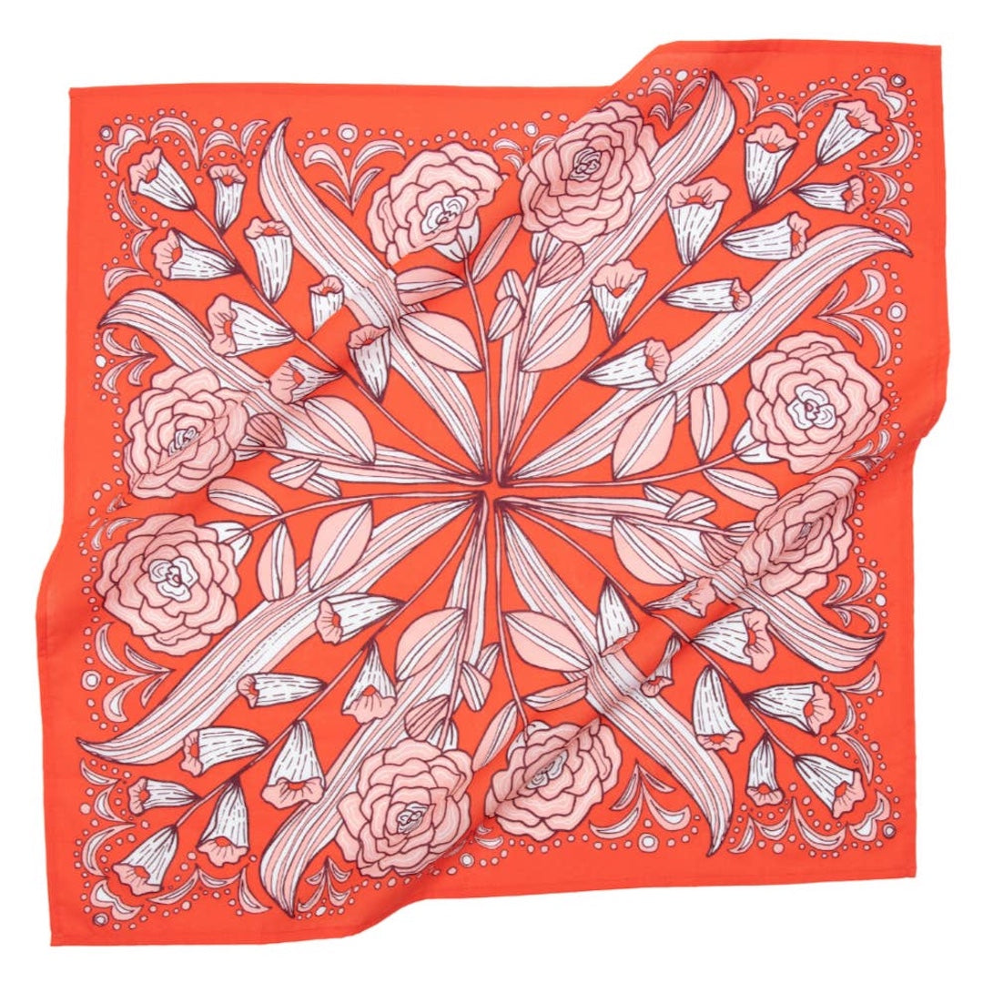Red bandana with white floral pattern